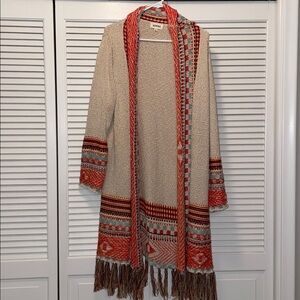 ADORA Beige and Red Patterned Cardigan, 1X/2X